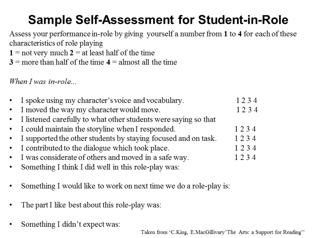 Sample Self-Assessment for Student-in-Role Assess your performance in-role by giving yourself a number from